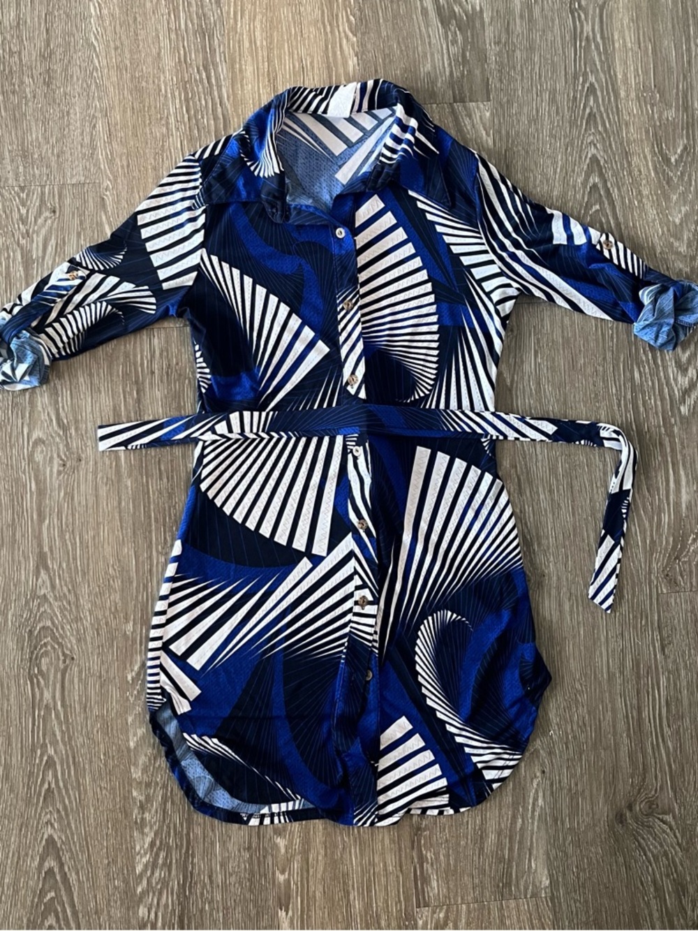 Blue & White Geometric Shirt Dress